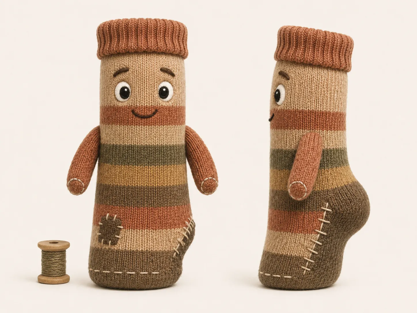 Patch — A striped sock who balances on a wooden spool and sees more, not less.